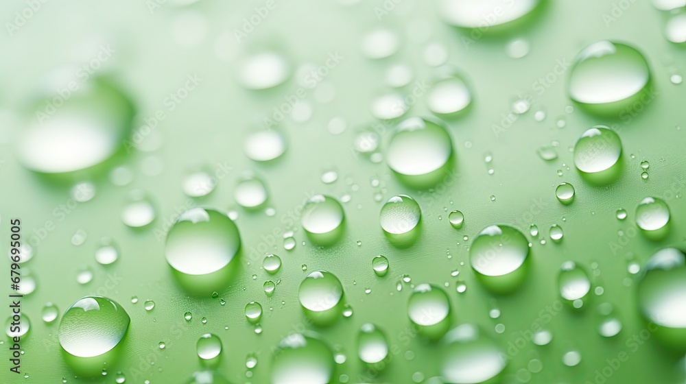  a close up of water droplets on a green surface with a light blue sky in the background and a few more drops of water on the surface.