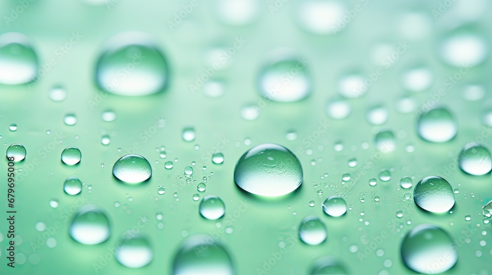  a close up of water droplets on a green surface with a light blue sky in the background and a light blue sky in the background.