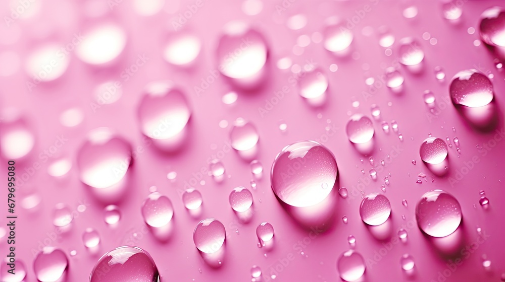 a close up of water droplets on a pink surface with a light reflection in the middle of the droplet. a close up of water droplets on a pink surface with a light reflection in the middle of the droplet.