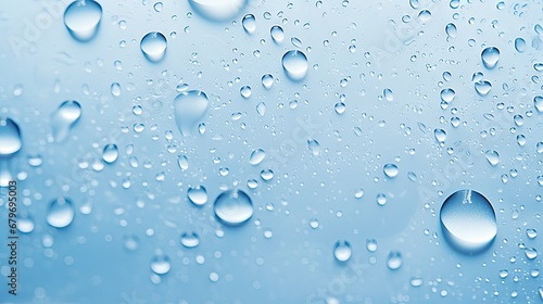  a close up of water droplets on a glass surface with a blue sky in the background of the image.