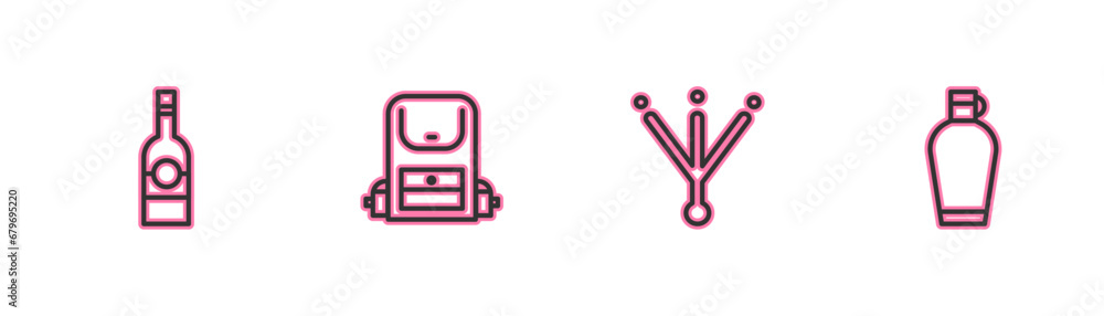 Set line Bottle of vodka, Bird footprint, Hiking backpack and Canteen water bottle icon. Vector Set line Bottle of vodka, Bird footprint, Hiking backpack and Canteen water bottle icon. Vector