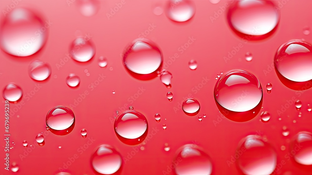 a close up of water droplets on a red surface with a light reflection on the surface of the droplet. a close up of water droplets on a red surface with a light reflection on the surface of the droplet.