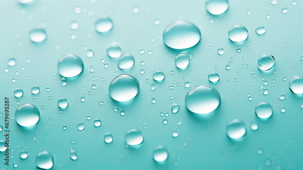  a group of water drops on a blue surface with a light green back ground and a light blue back ground.
