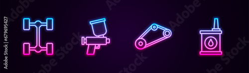 Set line Chassis car, Paint spray gun, Timing belt kit and Canister for motor oil. Glowing neon icon. Vector