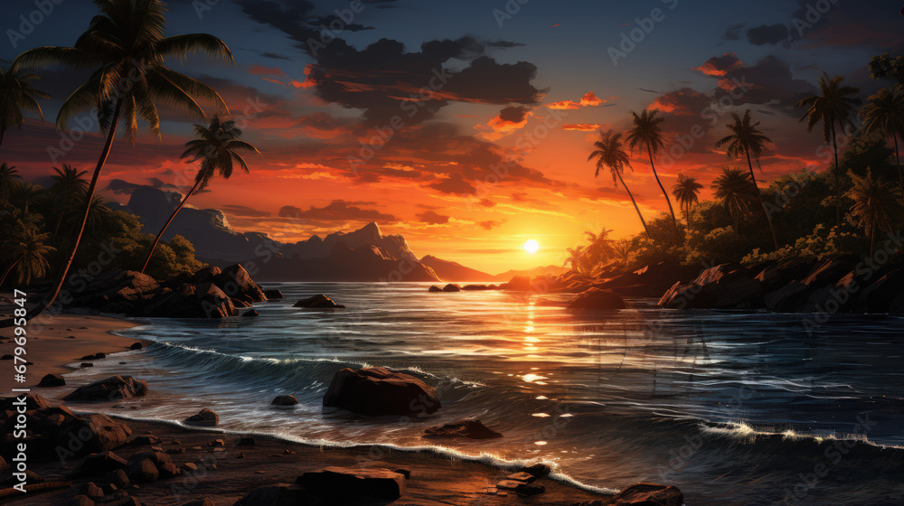 Drawing tropical beach on sunset sky background. Summer and travel concept. Generative ai.