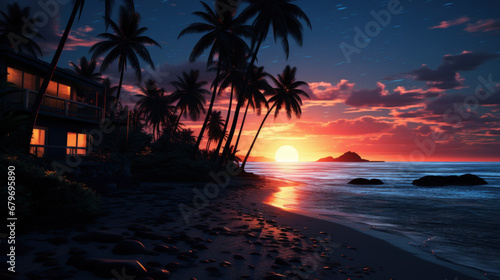 Drawing tropical beach on sunset sky background. Summer and travel concept. Generative ai. © tonktiti