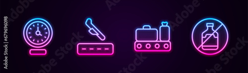 Set line Clock, Plane landing, Conveyor belt with suitcase and No alcohol. Glowing neon icon. Vector