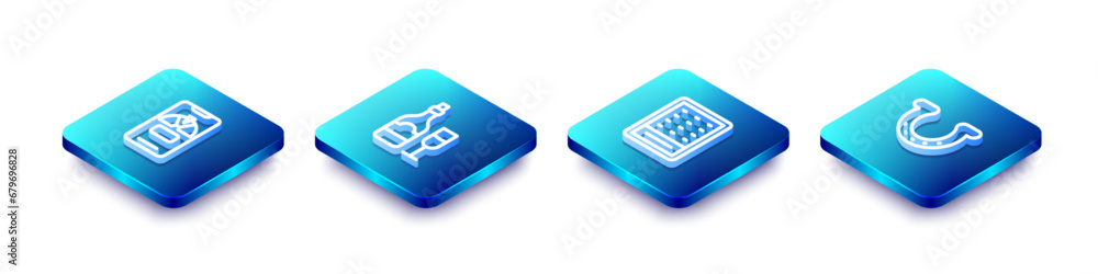 Set Isometric line Lucky wheel on phone, Champagne bottle with glass, Lottery ticket and Horseshoe icon. Vector Set Isometric line Lucky wheel on phone, Champagne bottle with glass, Lottery ticket and Horseshoe icon. Vector