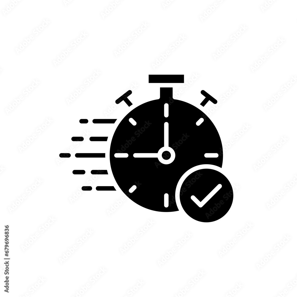 Quick approval icon. Simple solid style. Stopwatch, clock, quick transfer, fast transaction, business concept. Black silhouette, glyph symbol. Vector illustration isolated on white background. Quick approval icon. Simple solid style. Stopwatch, clock, quick transfer, fast transaction, business concept. Black silhouette, glyph symbol. Vector illustration isolated on white background.