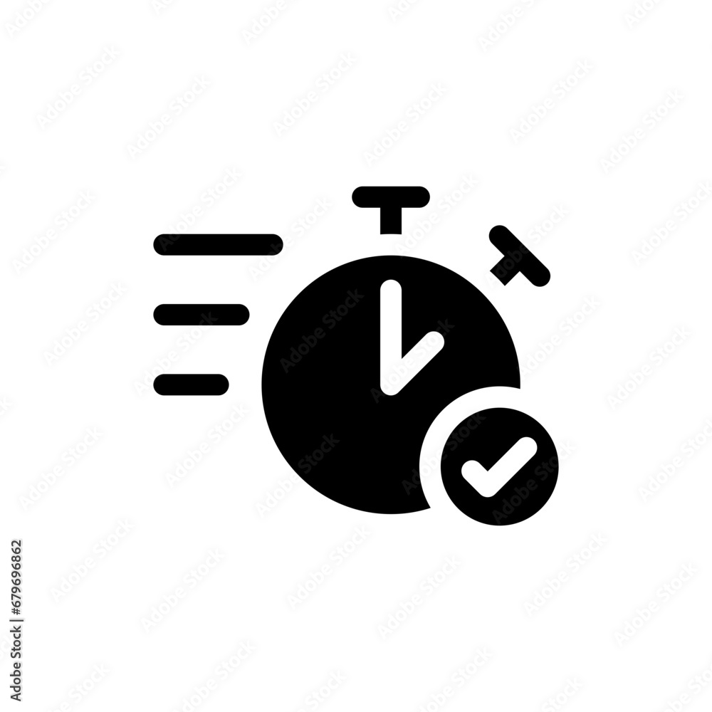 Quick approval icon. Simple solid style. Stopwatch, clock, quick transfer, fast transaction, business concept. Black silhouette, glyph symbol. Vector illustration isolated on white background. Quick approval icon. Simple solid style. Stopwatch, clock, quick transfer, fast transaction, business concept. Black silhouette, glyph symbol. Vector illustration isolated on white background.
