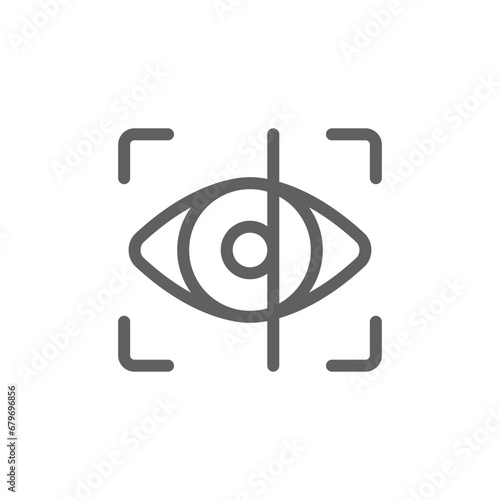 Eye scan icon. Simple outline style. Visual identity, focus, view, vision, future tech, eye with scanning frame, technology concept. Thin line symbol. Vector illustration isolated. Editable stroke.