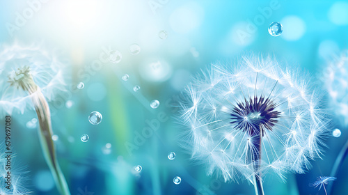 dandelion in the wind,Dandelion Seeds Glistening in Water Droplets on Blue,AI Generative 