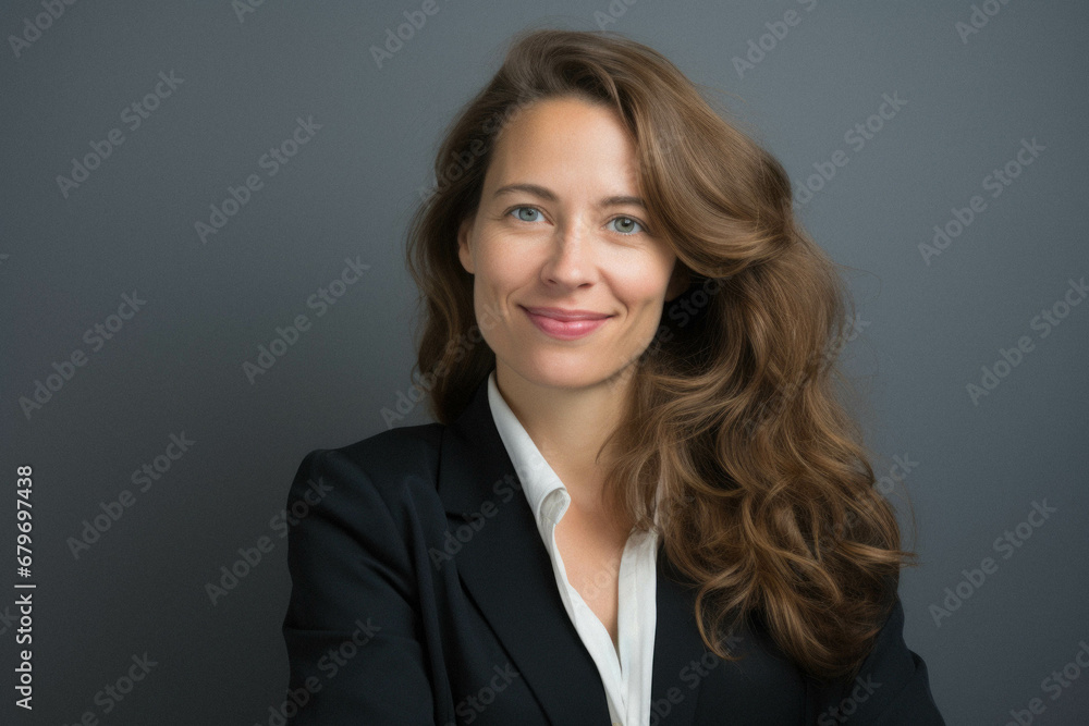 Portrait of young business woman leader with curly hair smiling. Portrait of young business woman leader with curly hair smiling.