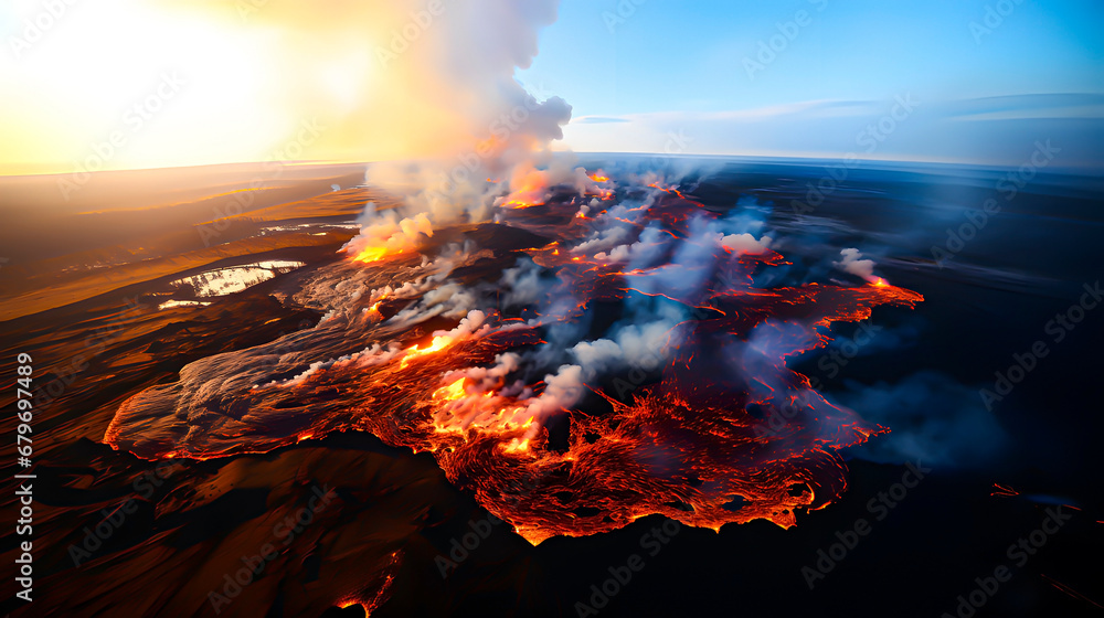 Lava river coming out of a volcano erupting in northern Europe