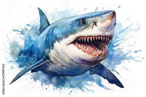 watercolor Shark Hungry shark illustration with splash watercolor textured background