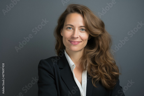 Portrait of young business woman leader with curly hair smiling.