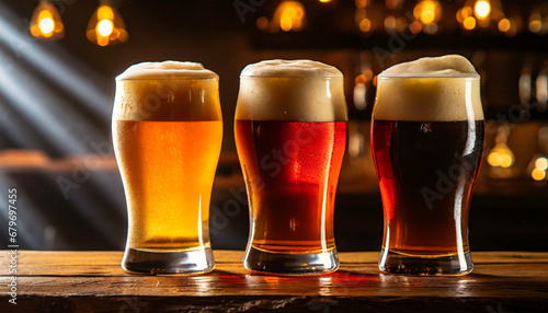 Close-up of three glasses of fresh beer, different types, blonde beer (lager beer), red beer and dark beer with white foam, above an old wooden table, bar or pub counter. Dark room on background. photo