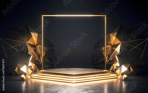 Golden Rectangle podium empty studio, 3d rendering realistic backdrop geometric platform, Product display presentation illustration texture background.