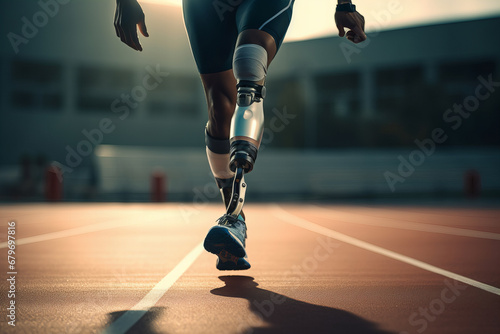 Inclusive Athletics: Disabled Runner with Prosthetic Leg in Action