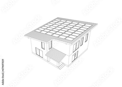 Contemporary  suburban house  with roof solar panels. Isolated 3D vector. Blueprint.