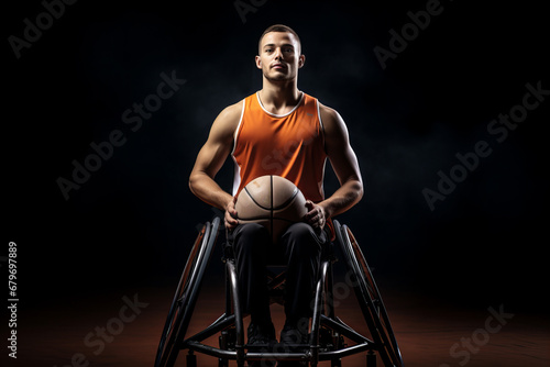 Adaptive Focus: Frontal Portrait of Disabled Basketball Player in Wheelchair with Ball