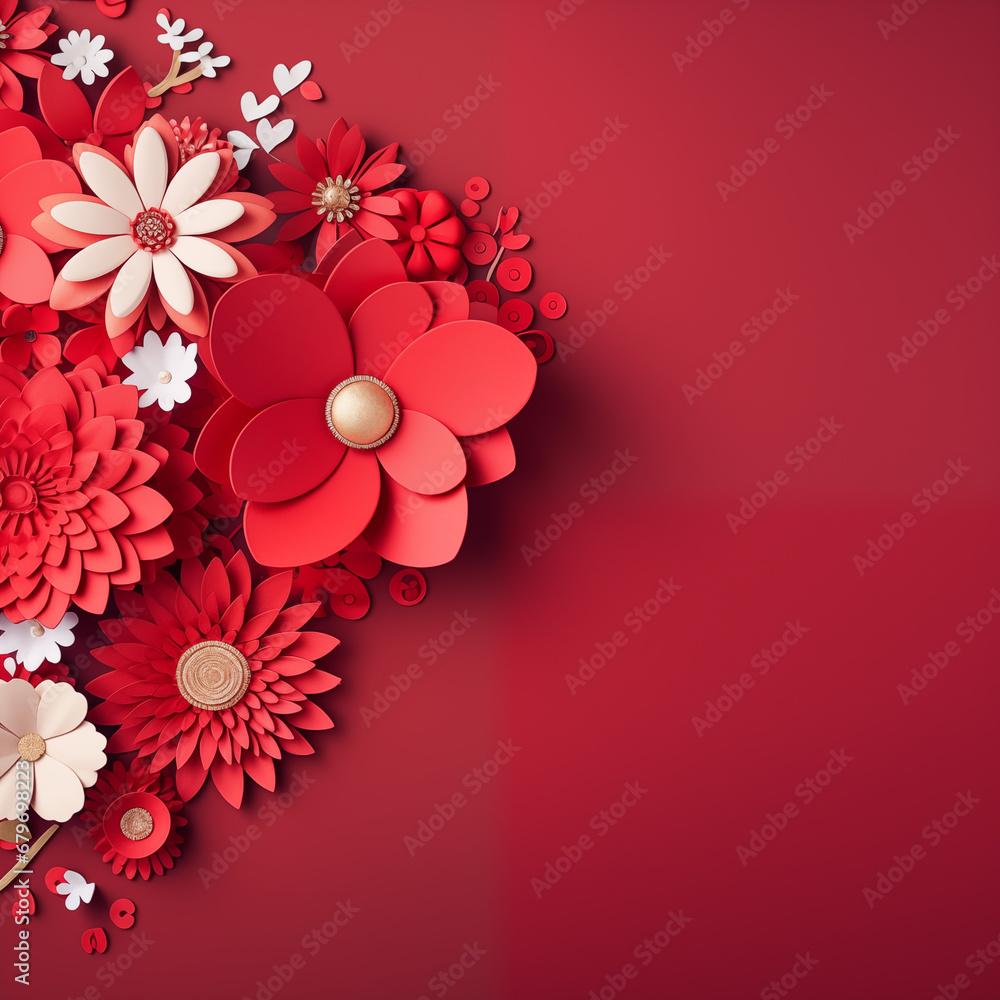 Red flowers on dark red background. Valentine's day card concept. Copy space.