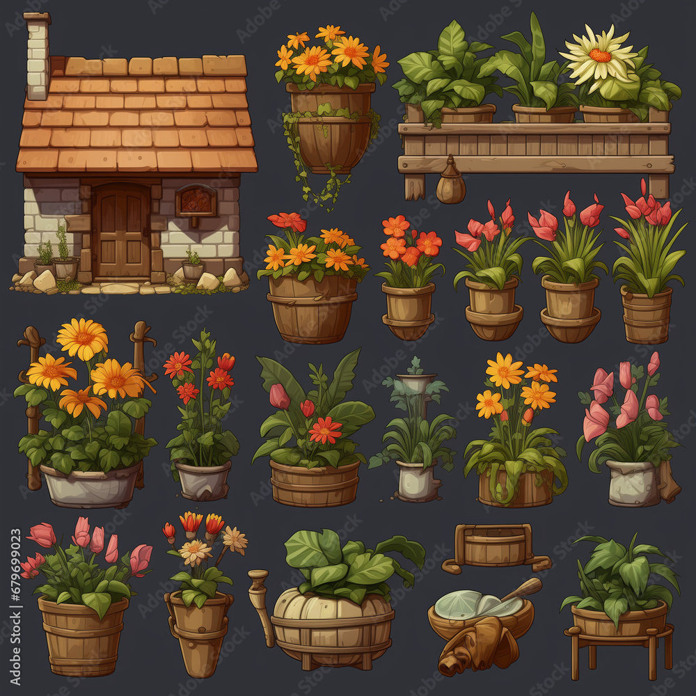 flowers in pots, game assets for the pixel-art village
