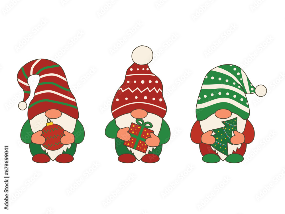 set of New Year's gnomes with a stroke. in the hands of a Christmas tree, a New Year's toy, a gift.