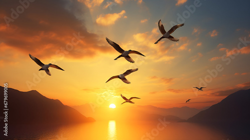 A Symphony in Shadows: Ibises Group Silhouettes with sunset background ai generated © Hassan