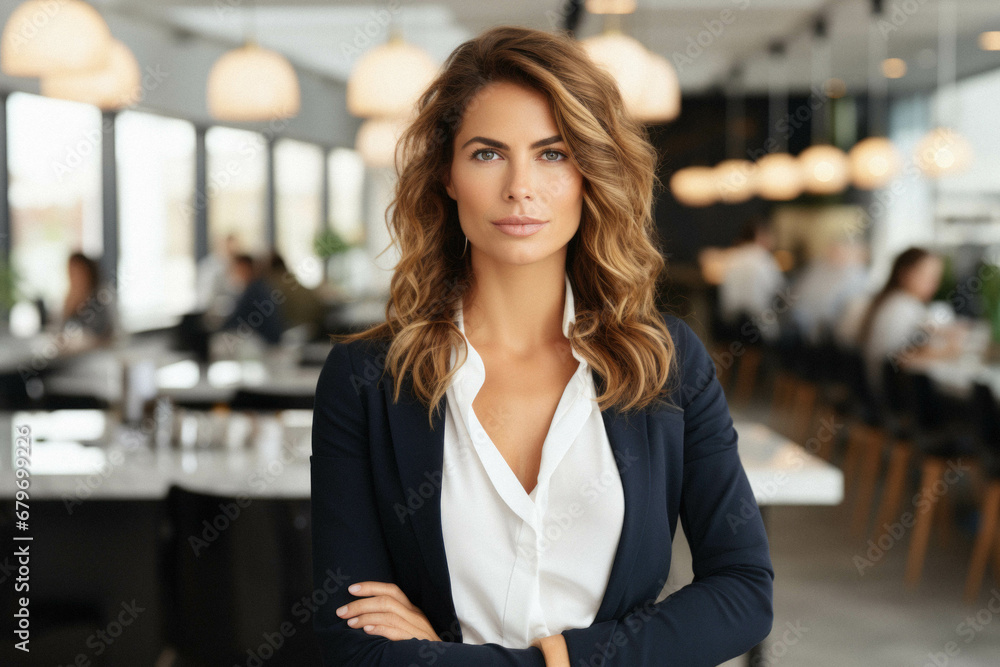 Portrait of beautiful young businesswoman in coworking office.