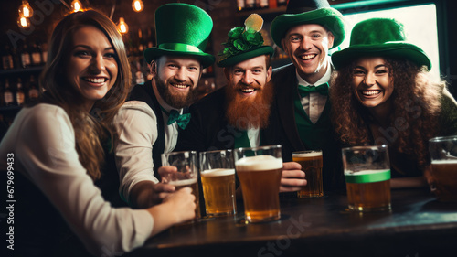 Friends in St. Patrick's Day costumes sit at a bar and have fun chatting.