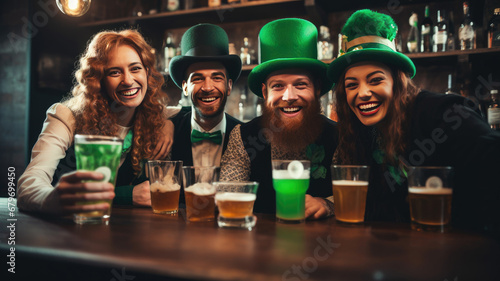 Friends in St. Patrick's Day costumes sit at a bar and have fun chatting. photo