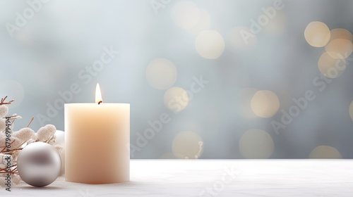  a white candle sitting next to a white christmas ornament and a white bauble on a table.