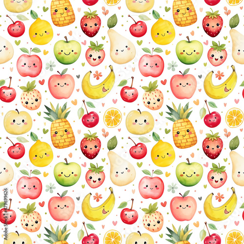 Watercolor childish seamless pattern with cute smiling fruits and berries isolated on white background.