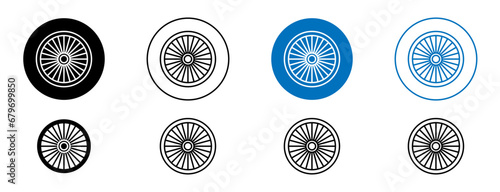 Car hubcap vector icon set. Automobile alloy disk symbol. Truck tyre trim icon in black filled and outlined style. photo