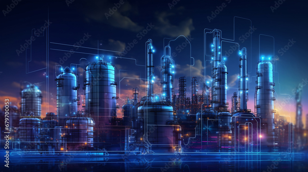 Fototapeta premium Integrated Petrochemical Infrastructure: Power Plant Refinery, Storage Facilities, and Demand Price Insights in Oil & Gas Production