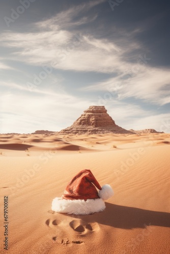 Close up of Santa's hat on a sand dune in the middle of the desert. Sunny day and blue sky.