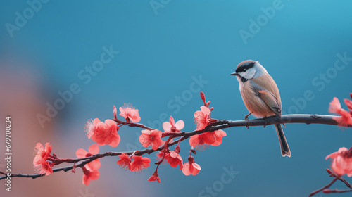 A small bird, on a branch with flowers, on a pastel background © frimufilms