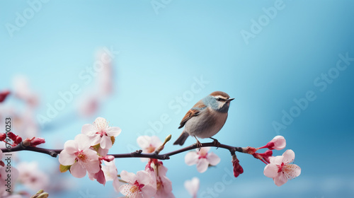 A small bird, on a branch with flowers, on a pastel background