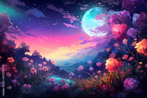 landscape with flowers, A Magical Nighttime Field of Flowers.