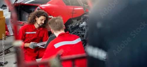 Portrait man professional mechanic repairs car working on laptop computer in garage. Car maintenance and auto service garage concept. Check car parts for engine repairs