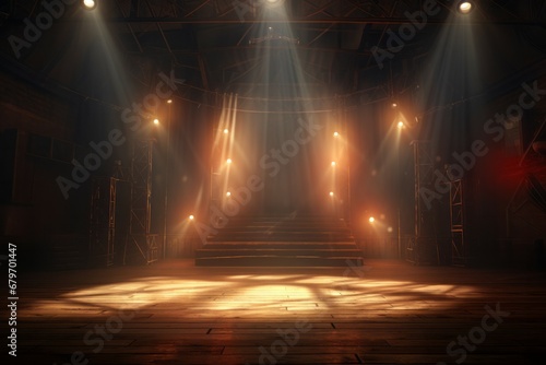 Shining spotlights and empty scene. Elegant promotion design template. Ad  theater  show 