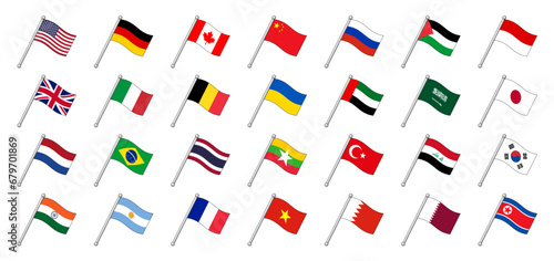 set collection of flags from several countries flying on sticks