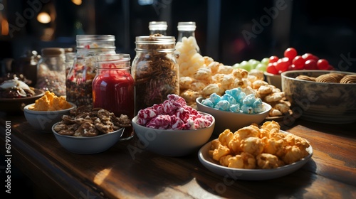 Snacks and snacks on a wooden table in a restaurant