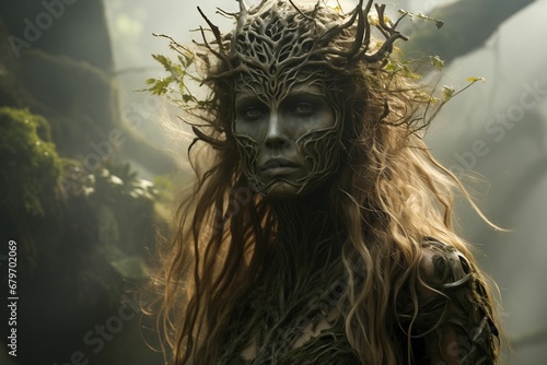 AI-generated illustration of a female fantasy character adorned with tree branches represents forest