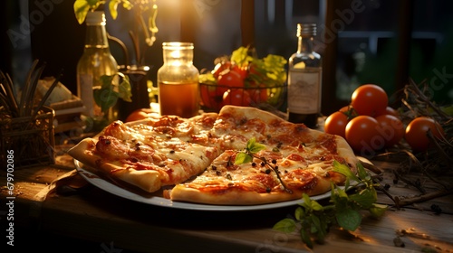 Pizza with tomato and mozzarella cheese on wooden table 