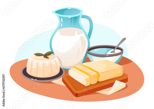 Dairy products set. Milk, ricotta cheese and butter on the kitchen table. Organic homemade food. Cartoon vector illustration