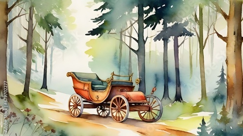 Carriage in watercolor retro. Animated forest background. Generative AI