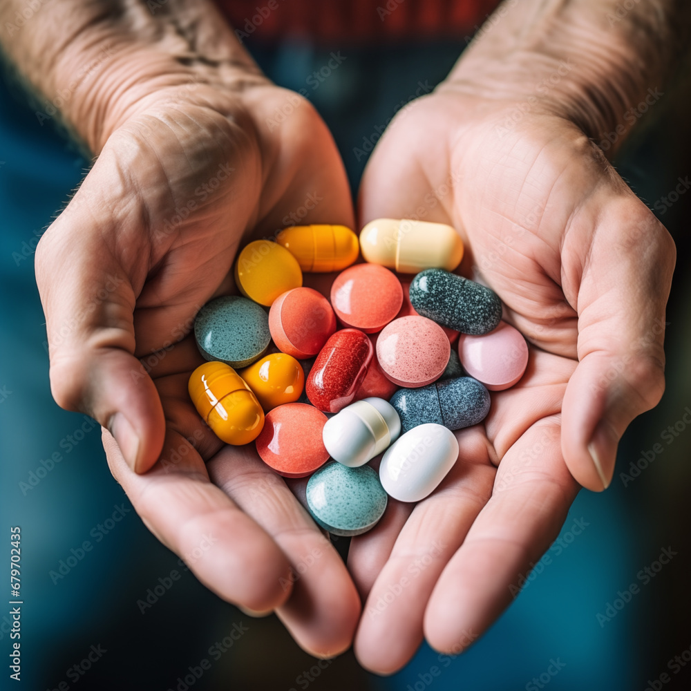 A lot of pills in the hands of an old man, top view A lot of pills in the hands of an old man, top view