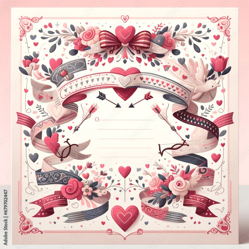  Elaborate valentine's card design with hearts, flowers, and doves in soft pastel tones.